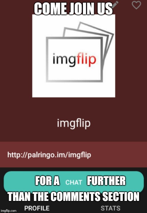 ImgFlip Chatting | COME JOIN US; FOR A              FURTHER; THAN THE COMMENTS SECTION | image tagged in imgflip chats,meme,join me,fun | made w/ Imgflip meme maker