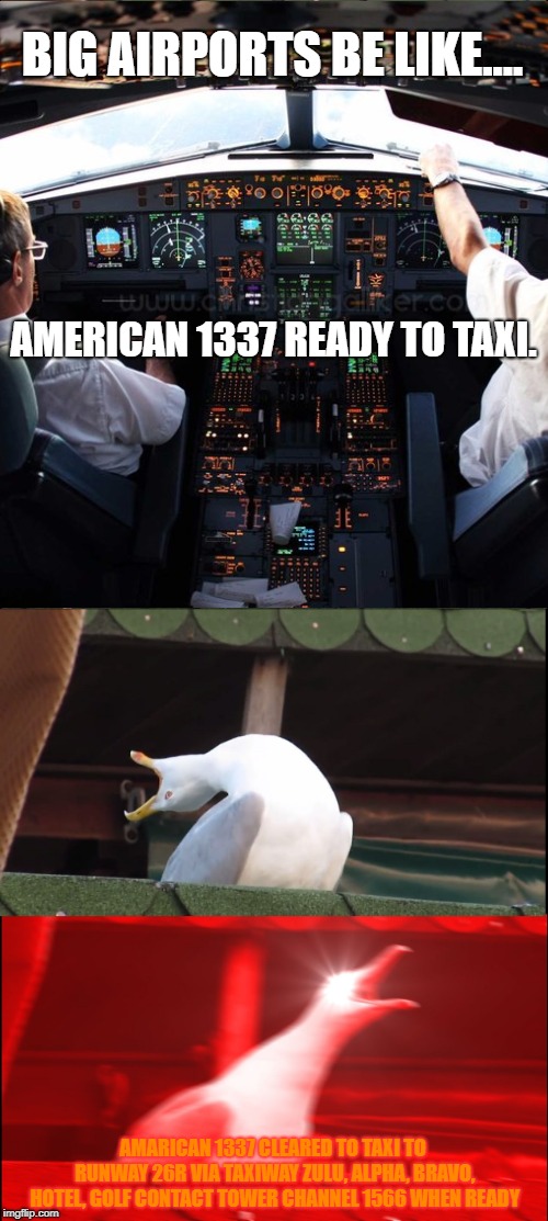 Inhaling Seagull | BIG AIRPORTS BE LIKE.... AMERICAN 1337 READY TO TAXI. AMARICAN 1337 CLEARED TO TAXI TO RUNWAY 26R VIA TAXIWAY ZULU, ALPHA, BRAVO, HOTEL, GOLF CONTACT TOWER CHANNEL 1566 WHEN READY | image tagged in memes,inhaling seagull | made w/ Imgflip meme maker