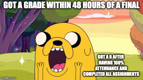 Branding Final Grade | GOT A GRADE WITHIN 48 HOURS OF A FINAL; GOT A B AFTER HAVING 100% ATTENDANCE AND COMPLETED ALL ASSIGNMENTS | image tagged in adventure time jake,college,finals week,memes | made w/ Imgflip meme maker