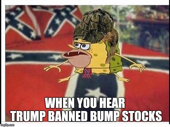 WHEN YOU HEAR TRUMP BANNED BUMP STOCKS | image tagged in redneck caveman spongbob | made w/ Imgflip meme maker