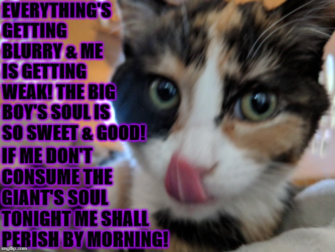SOUL CONSUMPTION | EVERYTHING'S GETTING BLURRY & ME IS GETTING WEAK! THE BIG BOY'S SOUL IS SO SWEET & GOOD! IF ME DON'T CONSUME THE GIANT'S SOUL TONIGHT ME SHALL PERISH BY MORNING! | image tagged in soul consumption | made w/ Imgflip meme maker