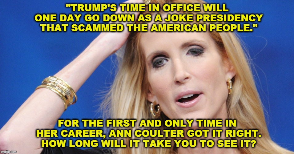 Wake up, folks! | "TRUMP'S TIME IN OFFICE WILL ONE DAY GO DOWN AS A JOKE PRESIDENCY THAT SCAMMED THE AMERICAN PEOPLE."; FOR THE FIRST AND ONLY TIME IN HER CAREER, ANN COULTER GOT IT RIGHT. HOW LONG WILL IT TAKE YOU TO SEE IT? | image tagged in trump,coulter,scam,joke,presidency | made w/ Imgflip meme maker