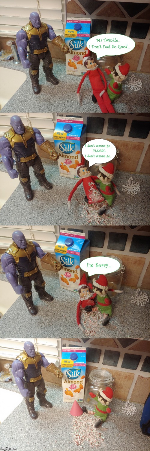 "Thanos versus the Shelf Elf"  | image tagged in elf on a shelf,thanos,christmas,funny,avengers,infinity war | made w/ Imgflip meme maker