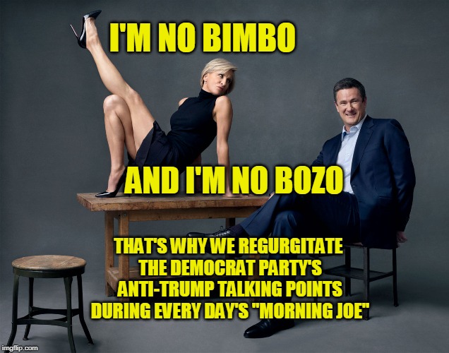 Punditry Made Easy | I'M NO BIMBO; AND I'M NO BOZO; THAT'S WHY WE REGURGITATE THE DEMOCRAT PARTY'S ANTI-TRUMP TALKING POINTS DURING EVERY DAY'S "MORNING JOE" | image tagged in morning joe,mika brzezinski | made w/ Imgflip meme maker