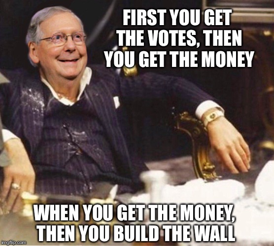 Cocaine Mitch | FIRST YOU GET THE VOTES, THEN YOU GET THE MONEY; WHEN YOU GET THE MONEY, THEN YOU BUILD THE WALL | image tagged in border wall,government shutdown,trump | made w/ Imgflip meme maker