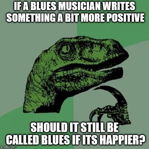 Philosoraptor | IF A BLUES MUSICIAN WRITES SOMETHING A BIT MORE POSITIVE; SHOULD IT STILL BE CALLED BLUES IF ITS HAPPIER? | image tagged in memes,philosoraptor | made w/ Imgflip meme maker