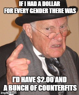 IF I HAD A DOLLAR FOR EVERY GENDER THERE WAS I'D HAVE $2.00 AND A BUNCH OF COUNTERFITS | made w/ Imgflip meme maker