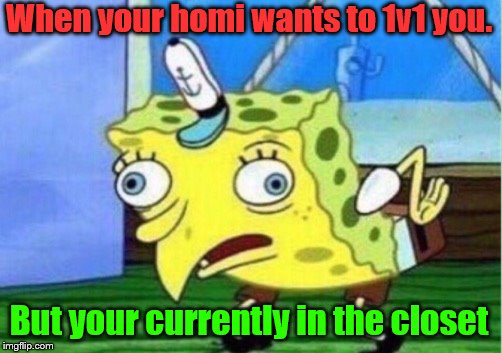 Mocking Spongebob Meme | When your homi wants to 1v1
you. But your currently in the closet | image tagged in memes,mocking spongebob | made w/ Imgflip meme maker