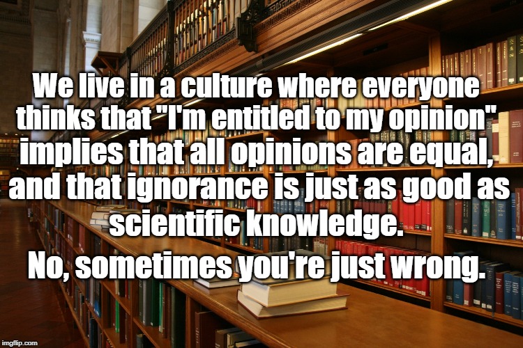 Opinions | We live in a culture where everyone thinks that "I'm entitled to my opinion"; implies that all opinions are equal, and that ignorance is just as good as; scientific knowledge. No, sometimes you're just wrong. | image tagged in words of wisdom | made w/ Imgflip meme maker
