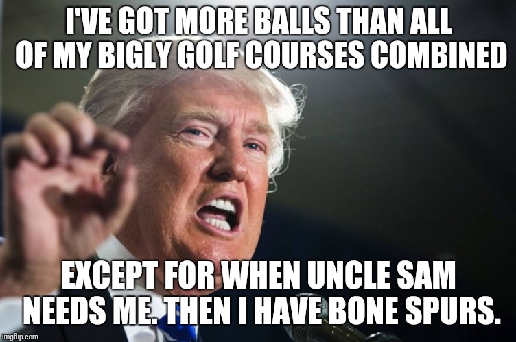 donald trump | I'VE GOT MORE BALLS THAN ALL OF MY BIGLY GOLF COURSES COMBINED; EXCEPT FOR WHEN UNCLE SAM NEEDS ME. THEN I HAVE BONE SPURS. | image tagged in donald trump,bone spurs | made w/ Imgflip meme maker