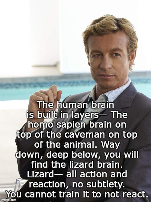 The human brain is built in layers— The homo sapien brain on top of the caveman on top of the animal. Way down, deep below, you will find the lizard brain. Lizard— all action and reaction, no subtlety. You cannot train it to not react. | made w/ Imgflip meme maker