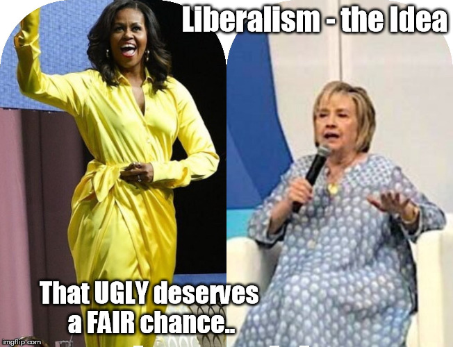 Liberalism ..Giving Everything UGLY a chance | Liberalism - the Idea; That UGLY deserves a FAIR chance.. | image tagged in undeserving,ugly,obama,clinton | made w/ Imgflip meme maker