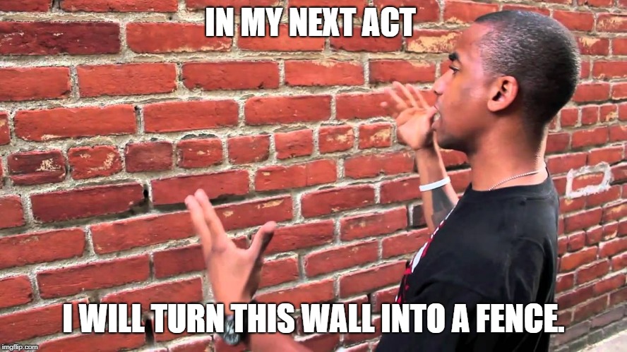 Talking to wall | IN MY NEXT ACT; I WILL TURN THIS WALL INTO A FENCE. | image tagged in talking to wall | made w/ Imgflip meme maker
