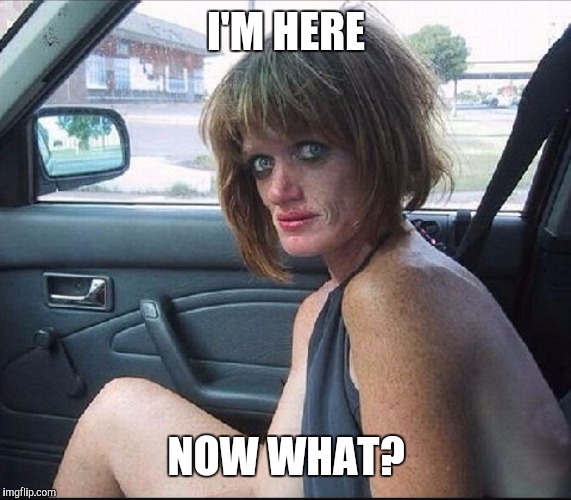 crack whore hooker | I'M HERE NOW WHAT? | image tagged in crack whore hooker | made w/ Imgflip meme maker