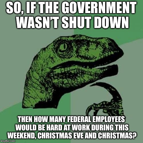Philosoraptor Meme | SO, IF THE GOVERNMENT WASN’T SHUT DOWN; THEN HOW MANY FEDERAL EMPLOYEES WOULD BE HARD AT WORK DURING THIS WEEKEND, CHRISTMAS EVE AND CHRISTMAS? | image tagged in memes,philosoraptor | made w/ Imgflip meme maker