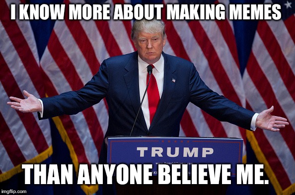 Donald Trump | I KNOW MORE ABOUT MAKING MEMES; THAN ANYONE BELIEVE ME. | image tagged in donald trump | made w/ Imgflip meme maker