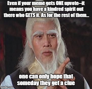 Living In A Clueless Universe | Even if your meme gets ONE upvote--it means you have a kindred spirit out there who GETS it. As for the rest of them... one can only hope that someday they get a clue | image tagged in wise kung fu master,memes,upvotes,wisdom of the ages,kindred spirits | made w/ Imgflip meme maker