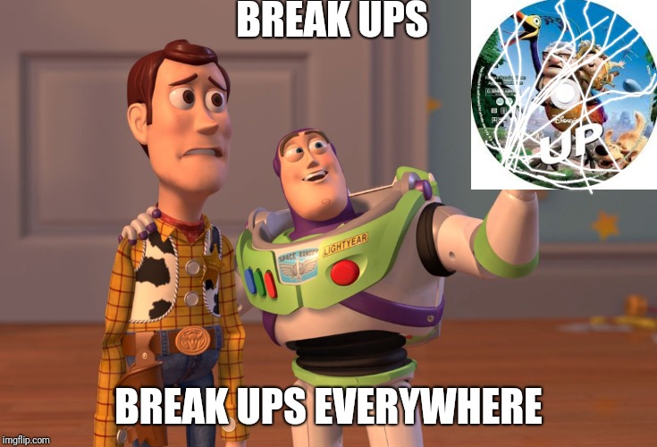 X, X Everywhere Meme | BREAK UPS; BREAK UPS EVERYWHERE | image tagged in memes,x x everywhere | made w/ Imgflip meme maker