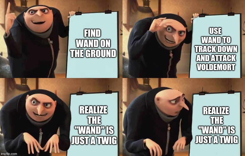 Gru | USE WAND TO TRACK DOWN AND ATTACK VOLDEMORT; FIND WAND ON THE GROUND; REALIZE THE "WAND" IS JUST A TWIG; REALIZE THE "WAND" IS JUST A TWIG | image tagged in gru | made w/ Imgflip meme maker
