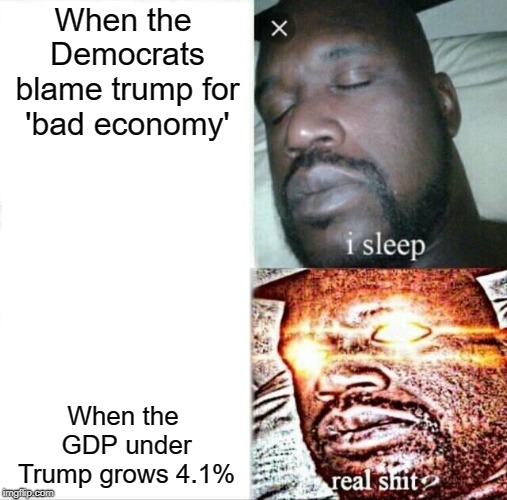 Sleeping Shaq | When the Democrats blame trump for 'bad economy'; When the GDP under Trump grows 4.1% | image tagged in memes,sleeping shaq | made w/ Imgflip meme maker