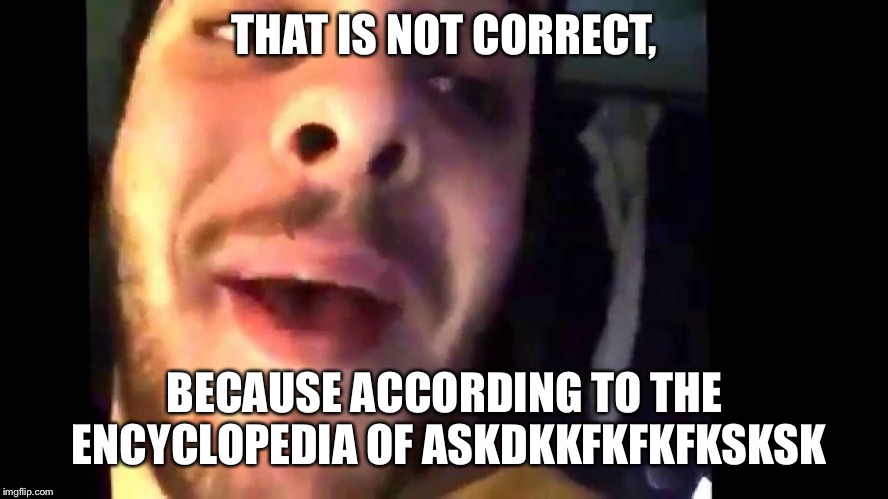 That is not correct  | THAT IS NOT CORRECT, BECAUSE ACCORDING TO THE ENCYCLOPEDIA OF ASKDKKFKFKFKSKSK | image tagged in that is not correct | made w/ Imgflip meme maker