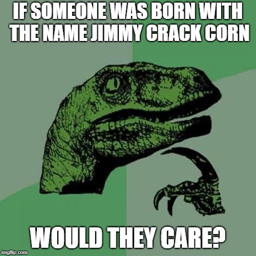 Philosoraptor Meme | IF SOMEONE WAS BORN WITH THE NAME JIMMY CRACK CORN; WOULD THEY CARE? | image tagged in memes,philosoraptor | made w/ Imgflip meme maker