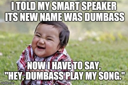 Evil Toddler Meme | I TOLD MY SMART SPEAKER ITS NEW NAME WAS DUMBASS; NOW I HAVE TO SAY, "HEY, DUMBASS PLAY MY SONG." | image tagged in memes,evil toddler | made w/ Imgflip meme maker