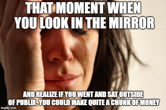First World Problems Meme | THAT MOMENT WHEN YOU LOOK IN THE MIRROR; AND REALIZE IF YOU WENT AND SAT OUTSIDE OF PUBLIX, YOU COULD MAKE QUITE A CHUNK OF MONEY | image tagged in memes,first world problems | made w/ Imgflip meme maker