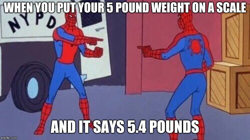 spiderman pointing at spiderman | WHEN YOU PUT YOUR 5 POUND WEIGHT ON A SCALE; AND IT SAYS 5.4 POUNDS | image tagged in spiderman pointing at spiderman | made w/ Imgflip meme maker