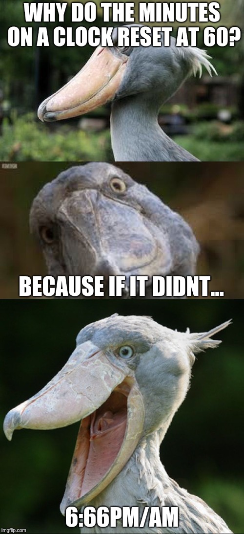 Bad Joke Bird 3 | WHY DO THE MINUTES ON A CLOCK RESET AT 60? BECAUSE IF IT DIDNT... 6:66PM/AM | image tagged in bad joke bird 3 | made w/ Imgflip meme maker