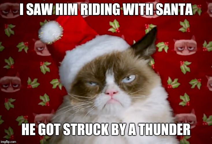 Grumpy cat Xmas | I SAW HIM RIDING WITH SANTA HE GOT STRUCK BY A THUNDER | image tagged in grumpy cat xmas | made w/ Imgflip meme maker