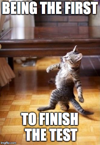 Cool Cat Stroll | BEING THE FIRST; TO FINISH THE TEST | image tagged in memes,cool cat stroll | made w/ Imgflip meme maker