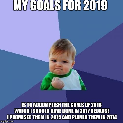 success kid  | MY GOALS FOR 2019; IS TO ACCOMPLISH THE GOALS OF 2018 WHICH I SHOULD HAVE DONE IN 2017 BECAUSE I PROMISED THEM IN 2015 AND PLANED THEM IN 2014 | image tagged in memes,success kid,goals,new year resolutions | made w/ Imgflip meme maker