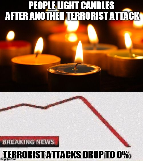 PEOPLE LIGHT CANDLES AFTER ANOTHER TERRORIST ATTACK; TERRORIST ATTACKS DROP TO 0% | image tagged in candlelight vigil,suicide rates drop | made w/ Imgflip meme maker