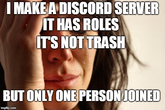 join my discord server https://discordapp.com/invite/XBkVXVg | I MAKE A DISCORD SERVER; IT HAS ROLES; IT'S NOT TRASH; BUT ONLY ONE PERSON JOINED | image tagged in memes | made w/ Imgflip meme maker
