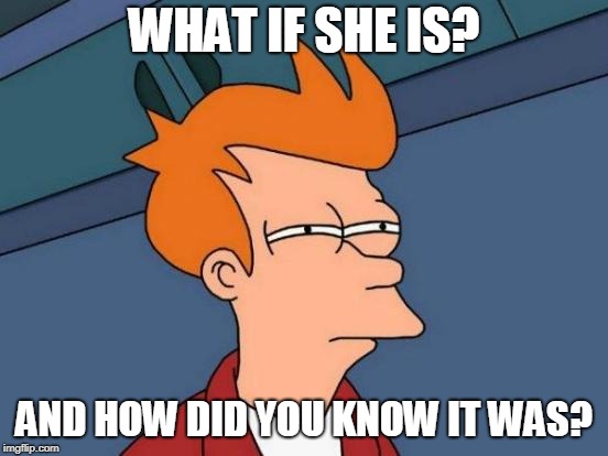 Futurama Fry Meme | WHAT IF SHE IS? AND HOW DID YOU KNOW IT WAS? | image tagged in memes,futurama fry | made w/ Imgflip meme maker