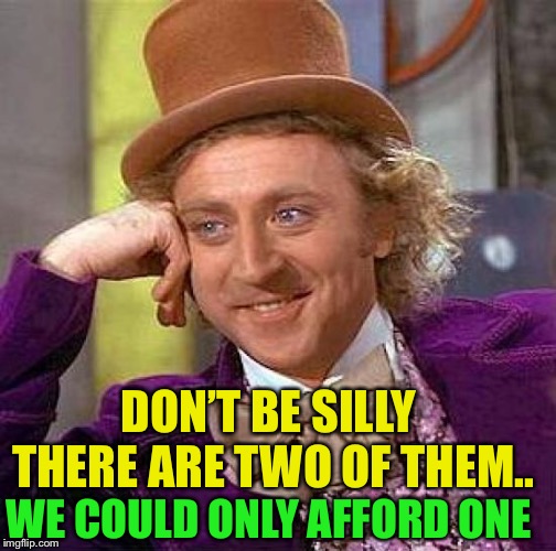 Creepy Condescending Wonka Meme | DON’T BE SILLY THERE ARE TWO OF THEM.. WE COULD ONLY AFFORD ONE | image tagged in memes,creepy condescending wonka | made w/ Imgflip meme maker
