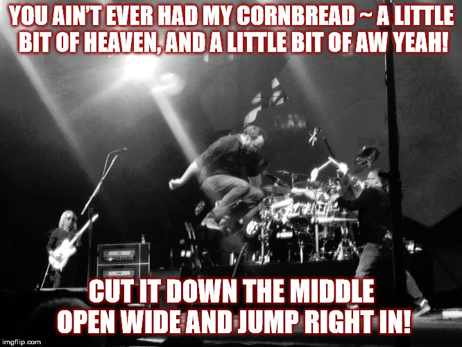 DMB Corn Bread (photo by Patrick R.) | YOU AIN’T EVER HAD MY CORNBREAD ~ A LITTLE BIT OF HEAVEN, AND A LITTLE BIT OF AW YEAH! CUT IT DOWN THE MIDDLE OPEN WIDE AND JUMP RIGHT IN! | image tagged in dmb,dave matthews,dave matthews band,jump,corn bread,heaven | made w/ Imgflip meme maker