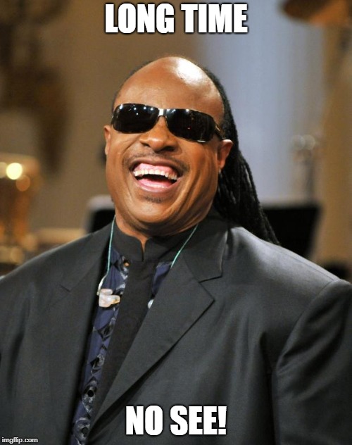 Stevie Wonder | LONG TIME; NO SEE! | image tagged in stevie wonder | made w/ Imgflip meme maker