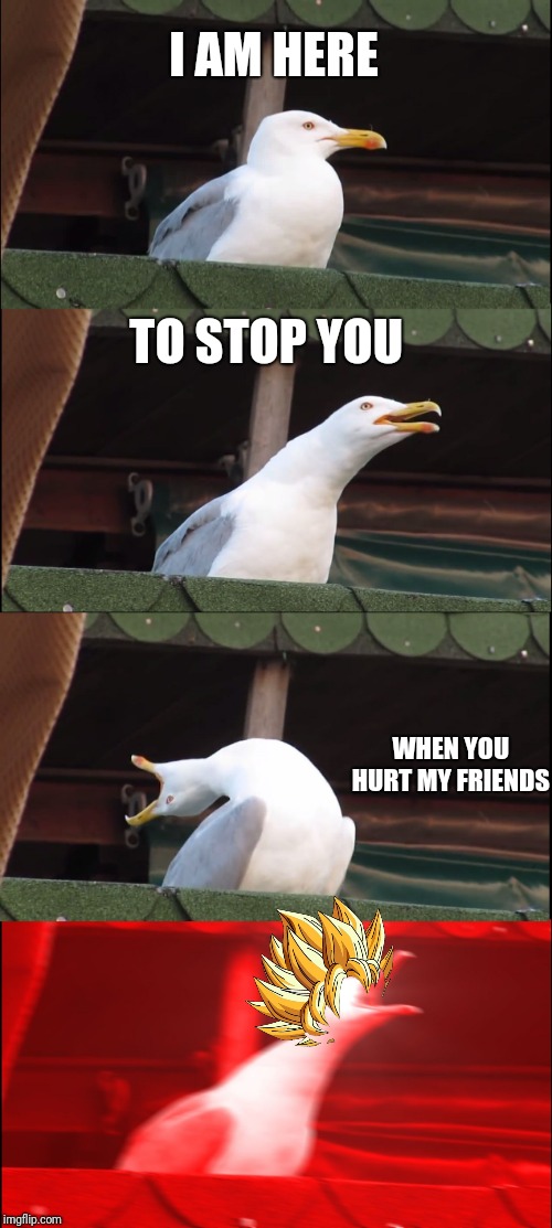 Inhaling Seagull | I AM HERE; TO STOP YOU; WHEN YOU HURT MY FRIENDS | image tagged in memes,inhaling seagull,too funny | made w/ Imgflip meme maker