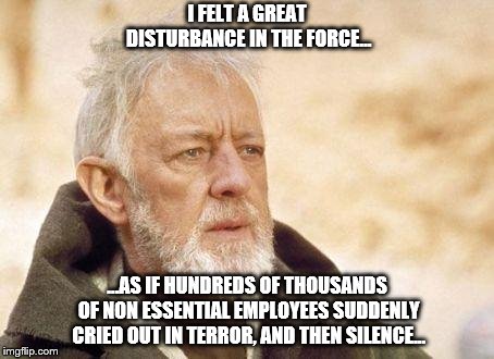 Ben Kenobi | I FELT A GREAT DISTURBANCE IN THE FORCE... ...AS IF HUNDREDS OF THOUSANDS OF NON ESSENTIAL EMPLOYEES SUDDENLY CRIED OUT IN TERROR, AND THEN SILENCE... | image tagged in ben kenobi | made w/ Imgflip meme maker