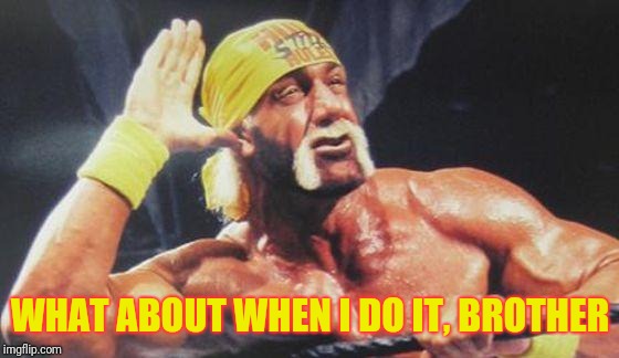 Hulk Hogan Ear | WHAT ABOUT WHEN I DO IT, BROTHER | image tagged in hulk hogan ear | made w/ Imgflip meme maker