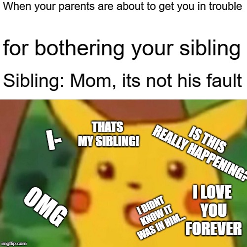 Surprised Pikachu | When your parents are about to get you in trouble; for bothering your sibling; Sibling: Mom, its not his fault; THATS MY SIBLING! I-; IS THIS REALLY HAPPENING? OMG; I LOVE YOU FOREVER; I DIDNT KNOW IT WAS IN HIM... | image tagged in memes,surprised pikachu | made w/ Imgflip meme maker