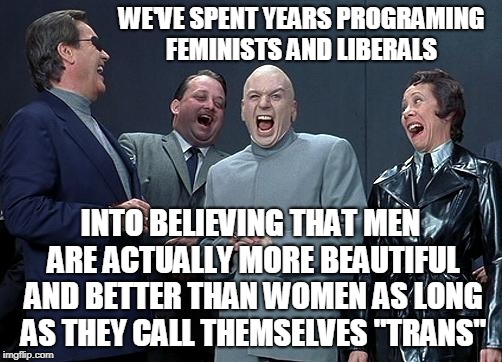 Social programming disguised as "progress" the programmers are laughing!  | WE'VE SPENT YEARS PROGRAMING FEMINISTS AND LIBERALS; INTO BELIEVING THAT MEN ARE ACTUALLY MORE BEAUTIFUL AND BETTER THAN WOMEN AS LONG AS THEY CALL THEMSELVES "TRANS" | image tagged in dr evil laugh,programming,liberals,feminists,trans,memes | made w/ Imgflip meme maker