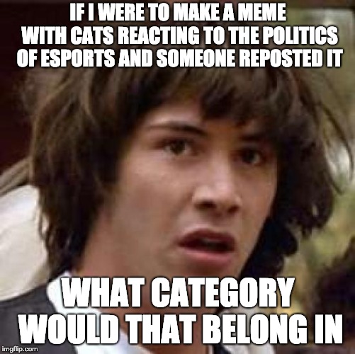 WHAT CATEGORY | IF I WERE TO MAKE A MEME WITH CATS REACTING TO THE POLITICS OF ESPORTS AND SOMEONE REPOSTED IT; WHAT CATEGORY WOULD THAT BELONG IN | image tagged in memes,conspiracy keanu,fun,cats,esports,politics | made w/ Imgflip meme maker