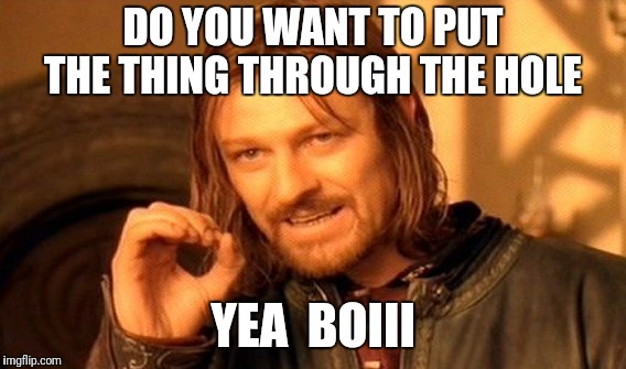 One Does Not Simply Meme | DO YOU WANT TO PUT THE THING THROUGH THE HOLE; YEA  BOIII | image tagged in memes,one does not simply | made w/ Imgflip meme maker