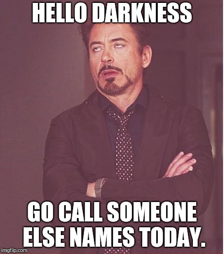 Face You Make Robert Downey Jr Meme | HELLO DARKNESS GO CALL SOMEONE ELSE NAMES TODAY. | image tagged in memes,face you make robert downey jr | made w/ Imgflip meme maker