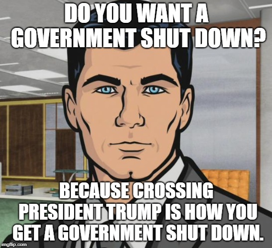 Archer | DO YOU WANT A GOVERNMENT SHUT DOWN? BECAUSE CROSSING PRESIDENT TRUMP IS HOW YOU GET A GOVERNMENT SHUT DOWN. | image tagged in memes,archer | made w/ Imgflip meme maker