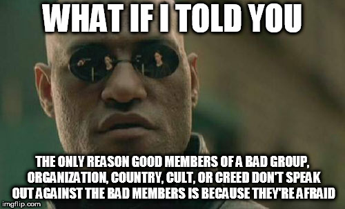 Matrix Morpheus | WHAT IF I TOLD YOU; THE ONLY REASON GOOD MEMBERS OF A BAD GROUP, ORGANIZATION, COUNTRY, CULT, OR CREED DON'T SPEAK OUT AGAINST THE BAD MEMBERS IS BECAUSE THEY'RE AFRAID | image tagged in memes,matrix morpheus,muslims,nazis,terrorists,crime syndicates | made w/ Imgflip meme maker