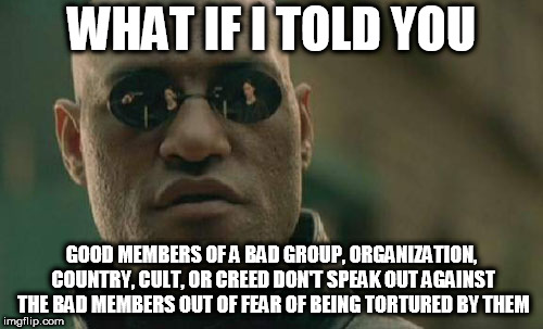 Matrix Morpheus | WHAT IF I TOLD YOU; GOOD MEMBERS OF A BAD GROUP, ORGANIZATION, COUNTRY, CULT, OR CREED DON'T SPEAK OUT AGAINST THE BAD MEMBERS OUT OF FEAR OF BEING TORTURED BY THEM | image tagged in memes,matrix morpheus,muslims,nazis,terrorists,crime syndicates | made w/ Imgflip meme maker